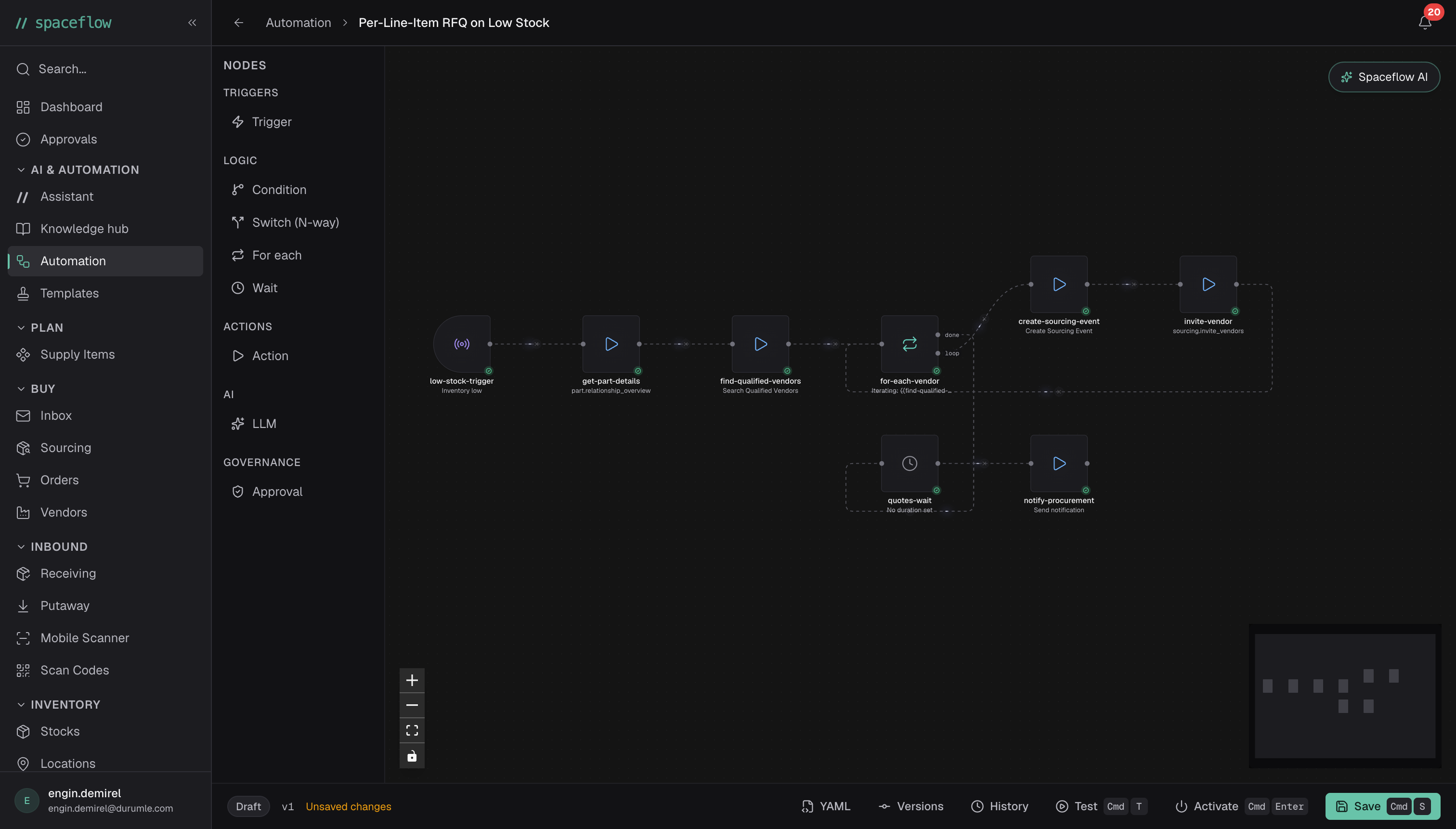 Spaceflow Automation builder showing a Per-Line-Item RFQ on Low Stock workflow: trigger → get part details → find qualified vendors → for each vendor → create sourcing event and invite vendor → quotes wait → notify procurement.