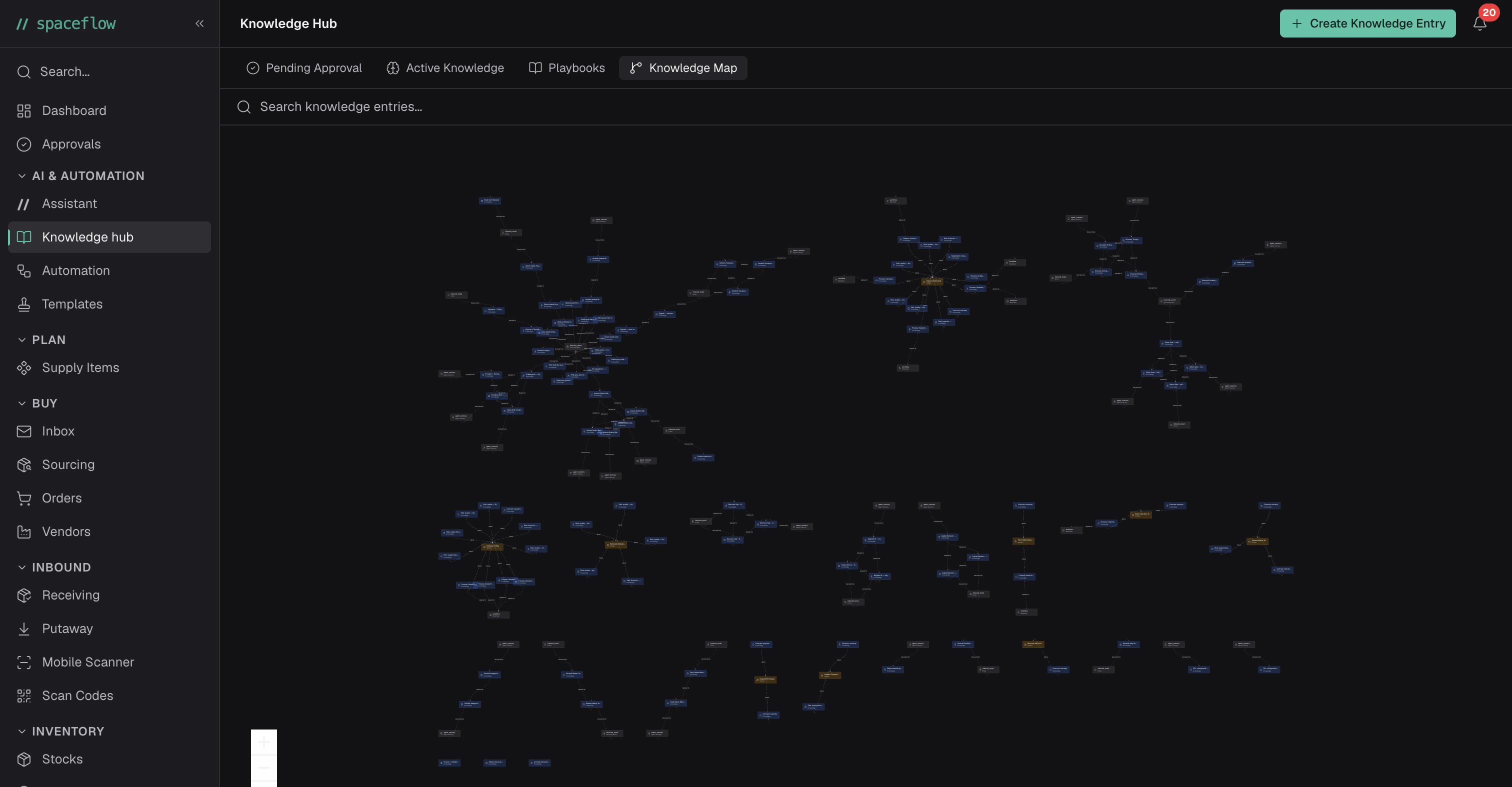 Spaceflow Knowledge Hub map view showing hundreds of interconnected nodes representing suppliers, contracts, quote cycles, and decisions, organized as a graph.